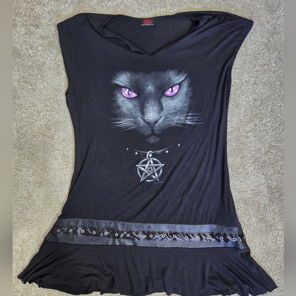 Gothic Black Cat Graphic Micro Mini Dress Slash Tunic Top with Purple Eyes L - Picture 3 of 4